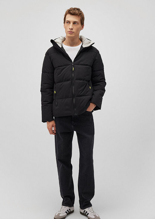 Kapusonlu Siyah Sisme Mont - Mavi фото 3