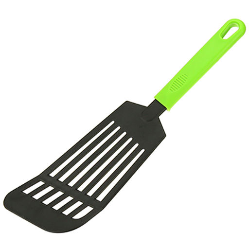 Лопатка кулинарная с прорезями пластмассовая для тефлоновой посуды черный 28,5см, ручки цветные, цвета микс (Китай) - Домашняя мода фото 2