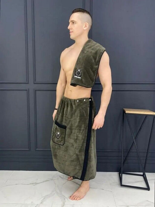 Комплект мужской с вышивкой КОРОЛЬ БАНИ-ХАКИ 2 пр. (килт+полотенце) микрофибра - Лен поволжья фото 3