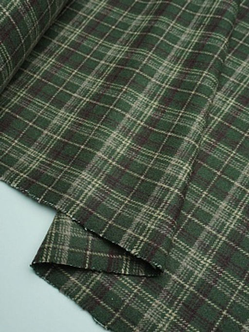 Шерсть пальтово-костюмная Твид Клетка цв.бежево-сливовый на зеленом, ш.1.5м, шерсть-50%, п/э-50%