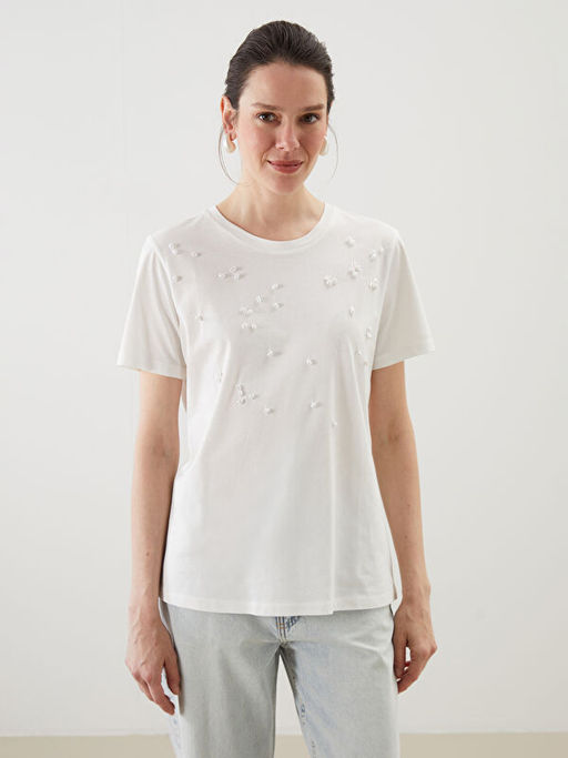 Bisiklet Yaka Boncuk ??lemeli Kad?n Ti??rt