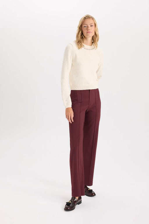 Женский трикотажный свитер обычного кроя с круглым вырезом и жемчугом - Defacto фото 2