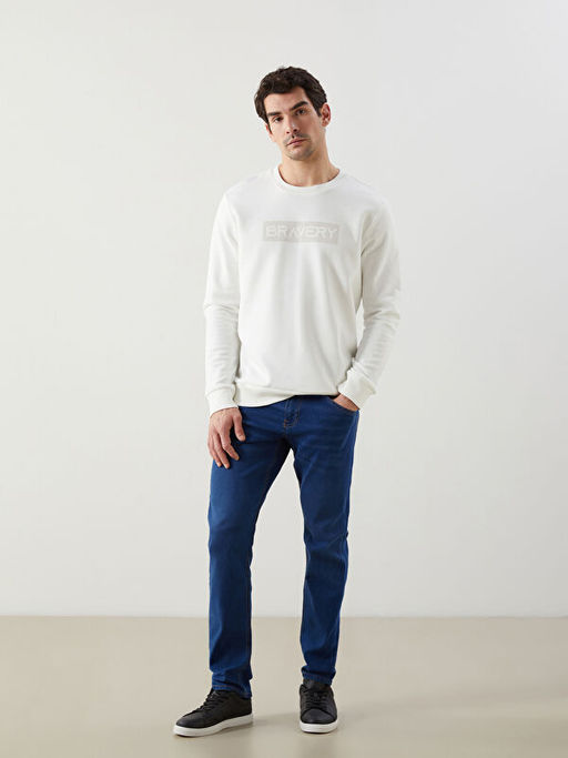 Bisiklet Yaka Bask?l? Erkek Kal?n Sweatshirt