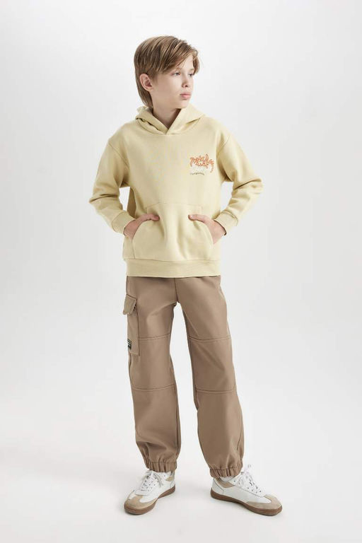 Бежевый плотный свитшот обычного кроя с капюшоном и принтом на спине для мальчиков - Defacto фото 2