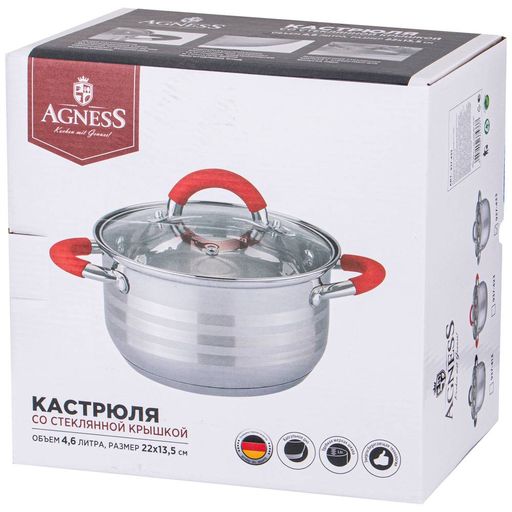 КАСТРЮЛЯ AGNESS СО СТЕКЛ. КРЫШКОЙ СЕРИЯ CLASSIC 4,6 Л. 22*13.5 СМ  фото 2