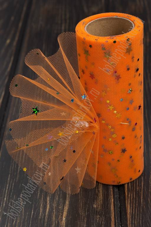 Фатин с пайетками "Звездочки" 15 см*10 ярд (SF-2945) ярко-оранжевый №25