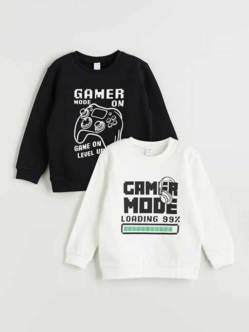 Bisiklet Yaka Bask?l? Erkek ?ocuk Sweatshirt 2li