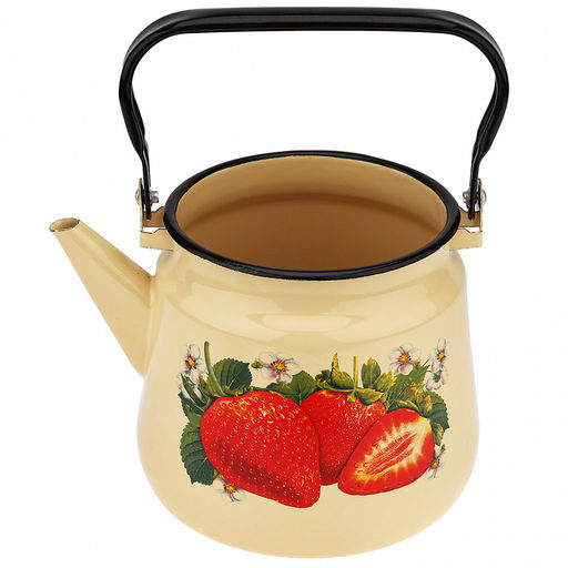 "Клубника садовая" Чайник эмалированный 3,5л, д19см, h18см, металлическая крышка, подвижная металлическая ручка, кремовый (Россия)