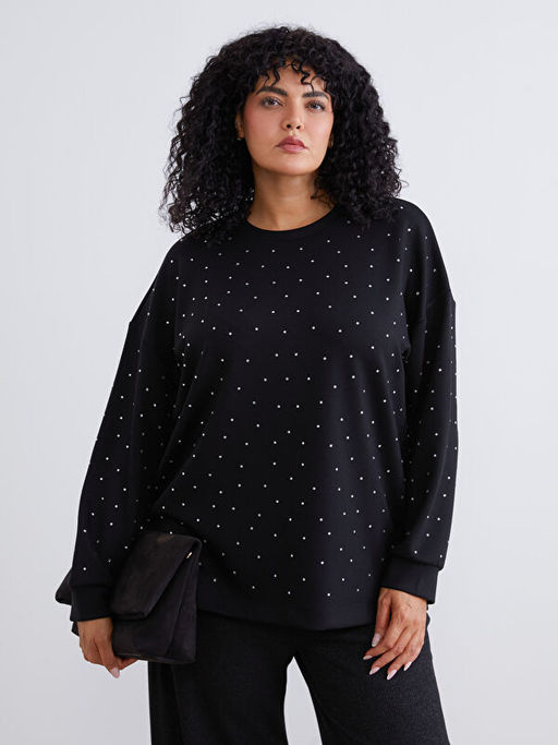 B?y?k Beden Bisiklet Yaka Ta?l? Kad?n Sweatshirt