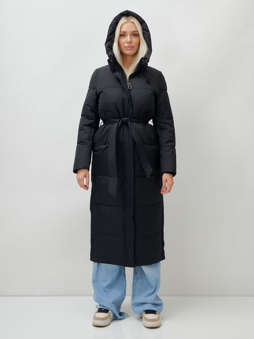 Пальто утепленное стеганное зимнее с капюшоном женское черного цвета 9605Ch - Mtforce фото 7