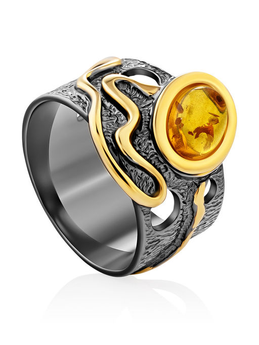 Стильное широкое кольцо Иллюзия с натуральным янтарём