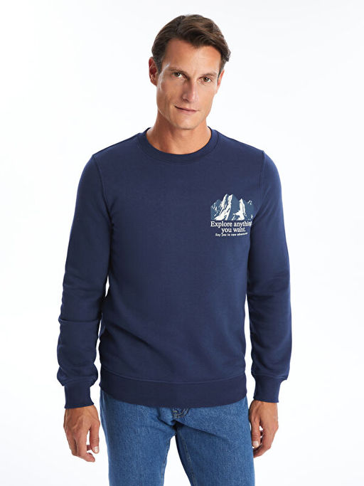 Bisiklet Yaka Bask?l? Erkek Kal?n Sweatshirt