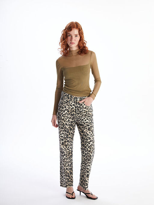 Leopar Desenli Straight Fit Kad?n Jean Pantolon