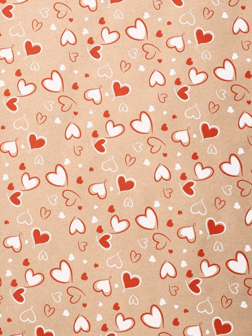 Бумага упаковочная крафт «Сердечки 2» красный/белый цвет на коричневом фоне 0.72×10±5% м, 60 г