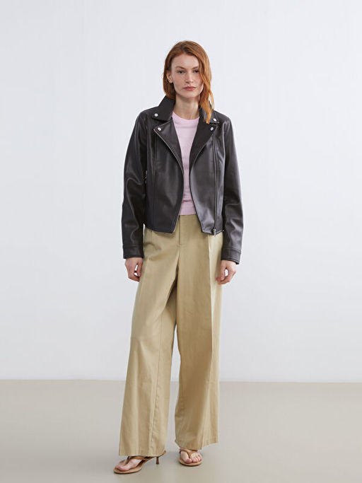 Biker Yaka Kad?n Deri G?r?n?ml? Ceket