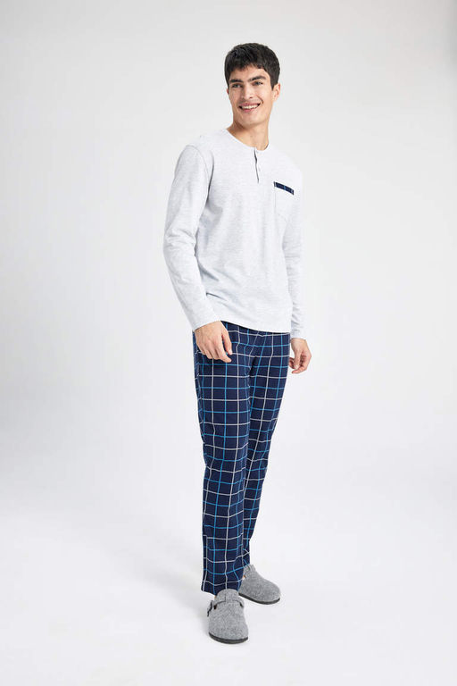 Regular Fit Pijama Tak?m? Bisiklet Yaka Uzun Kollu Ust Beli Lastikli Kareli Uzun Alt - Defacto фото 3