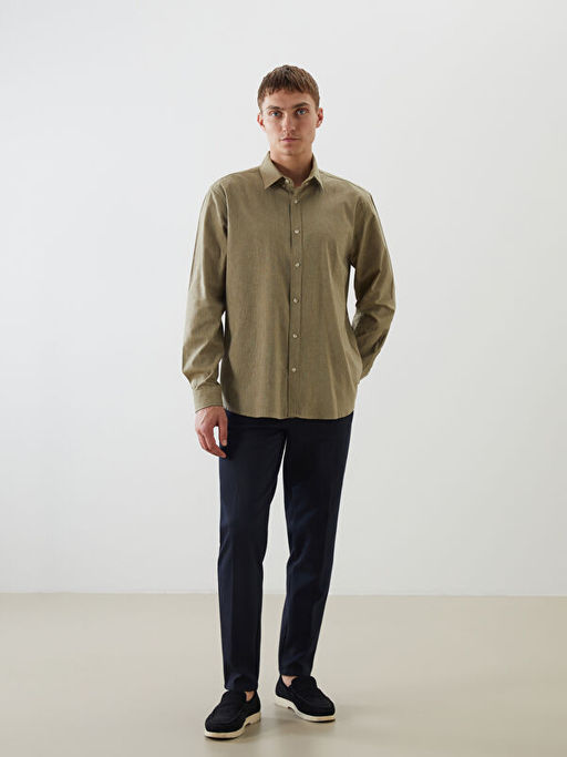 Regular Fit Uzun Kollu Keten Kar???ml? Erkek G?mlek