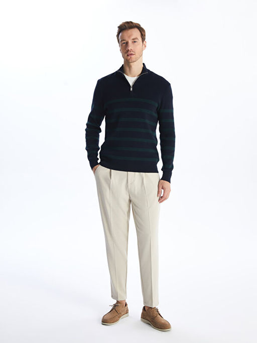 Dik Yaka Uzun Kollu ?izgili Erkek Triko Kazak