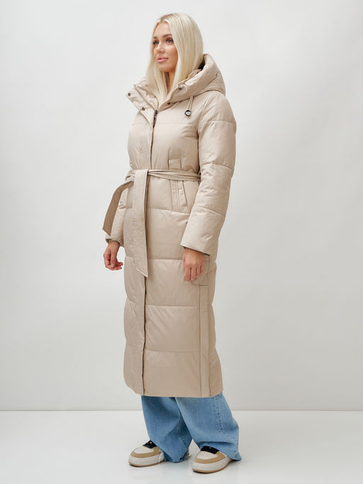 Пальто утепленное стеганное зимнее с капюшоном женское бежевого цвета 9605B - Mtforce фото 12