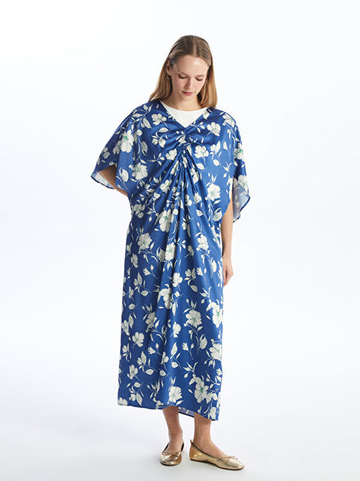 V Yaka ?i?ekli Oversize Saten Elbise
