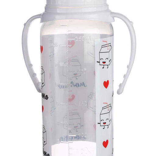 Бутылочка для кормления подарочная M&B «Люблю молоко», классическое горло, 250 мл., от 0 мес., с соской, с ручками