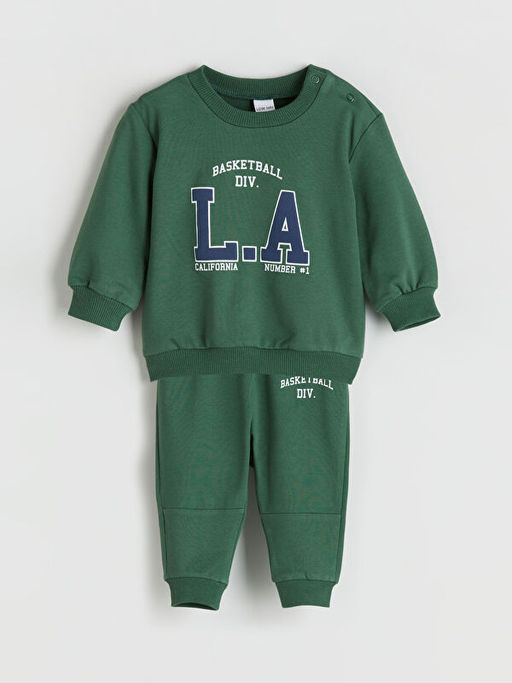 Bisiklet Yaka Bask?l? Erkek Bebek Sweatshirt ve E?ofman Alt 2li