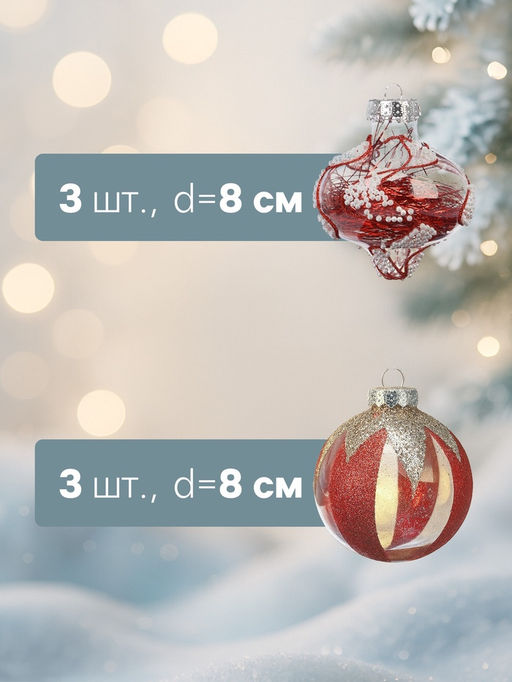 Ёлочные шары новогодние Мелвин, набор 6 шт., d=8 см, прозрачный/красно-белый - Simaland фото 7