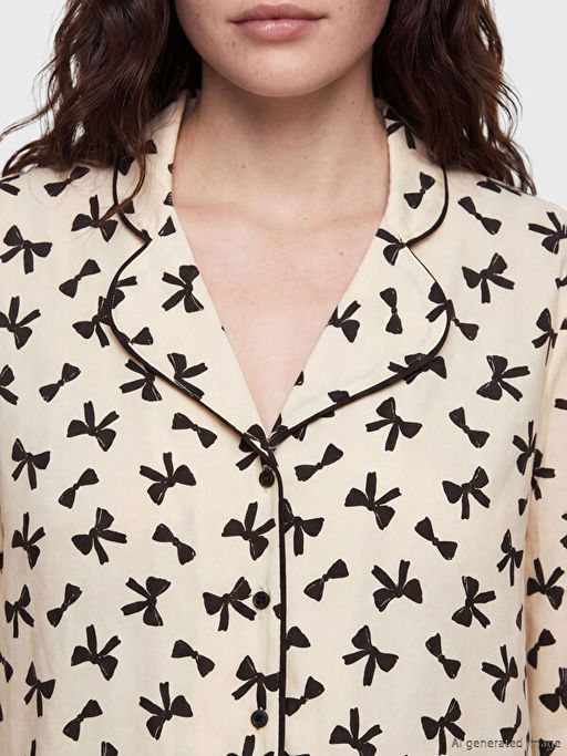 G?mlek Yaka Fiyonk Bask?l? Hamile Pijama Tak?m?