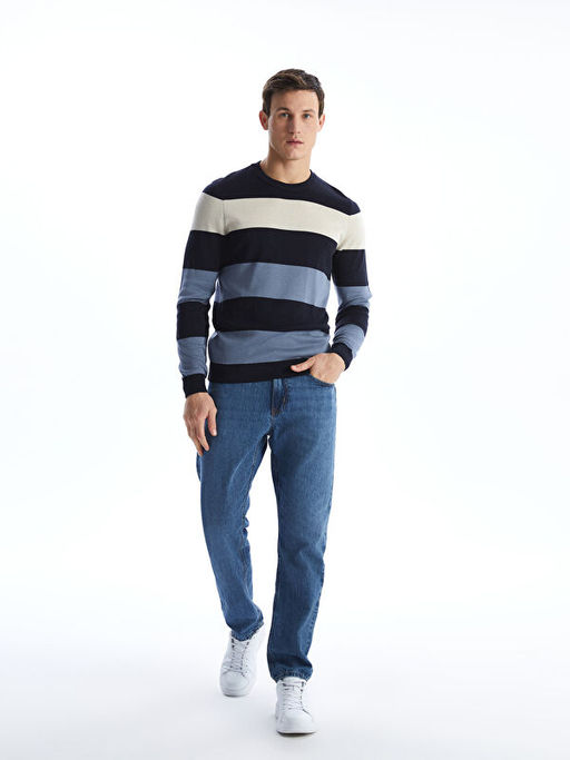 Bisiklet Yaka Uzun Kollu ?izgili Erkek Triko Kazak