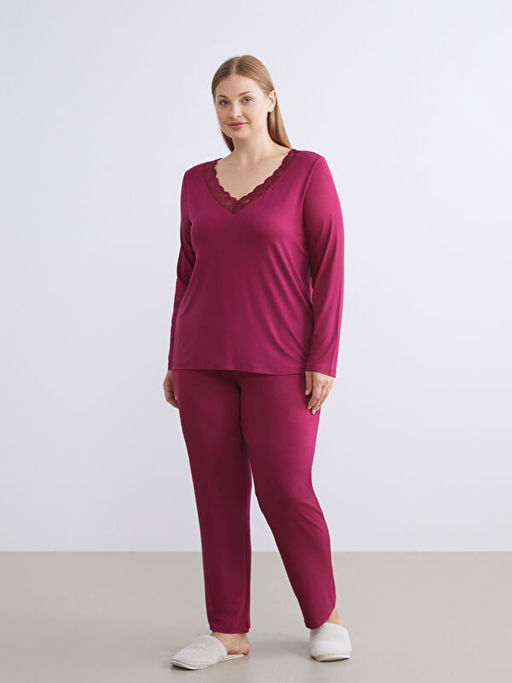 V Yaka Dantel Detayl? Kad?n Pijama Tak?m?