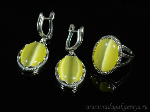 Кольцо Серьги с кошачьим глазом, цв.олива размер 18