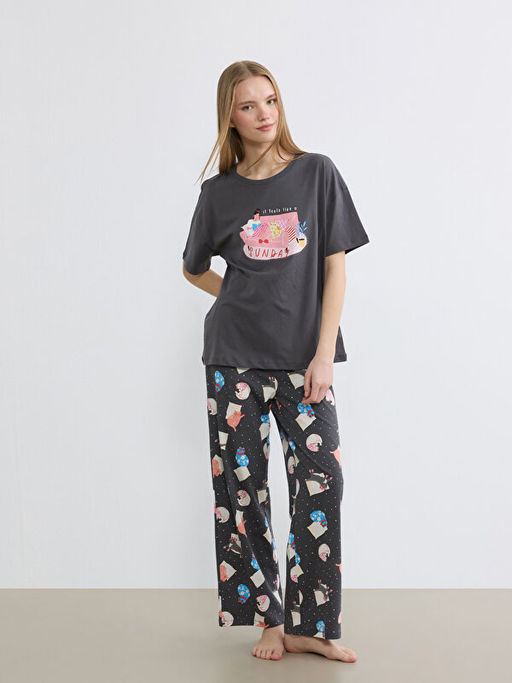 Bisiklet Yaka Bask?l? Kad?n Pijama Tak?m