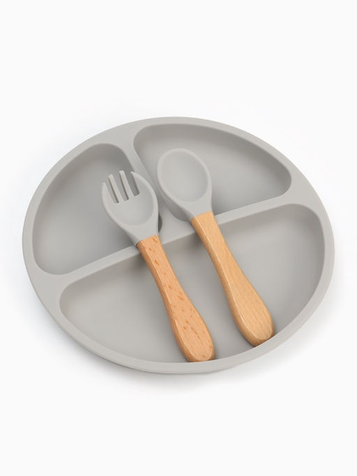 Тарелка детская секционная с ложкой и вилкой, 3 секции, серый, Mum&Baby