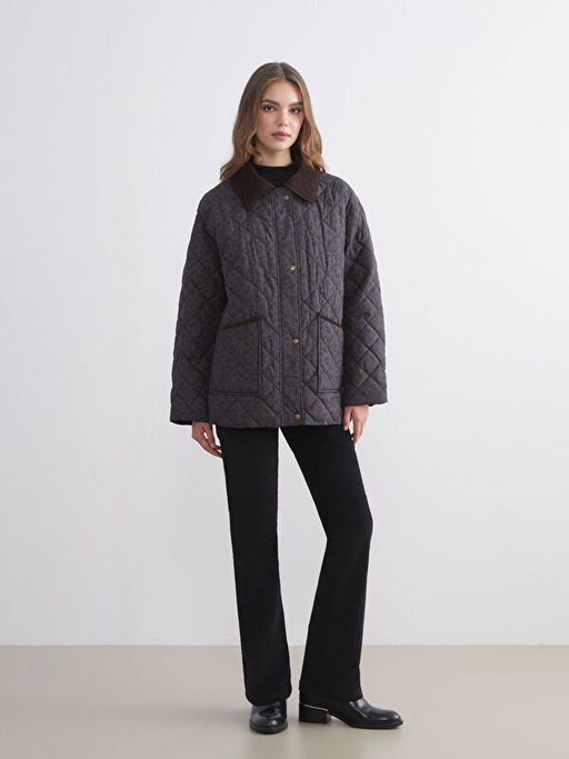 Kadife G?mlek Yaka Desenli Kad?n ?i?me Mont