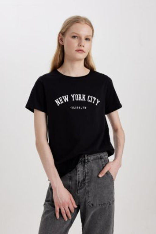 Regular Fit Bisiklet Yaka Bask?l? K?sa Kollu Tisort