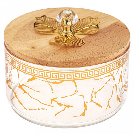 Блюдо-этажерка (конфетница, набор для холодца) стеклянное3-х секционное, 1 секция - 500мл д10,9см h6,3см, прозрачное стекло с деколью, одна бамбуковая крышка, ручка-кнопка "кристалл" с металлическим декором, металлическая подставка с ручкой, на ножка