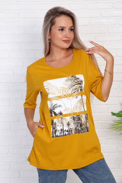 Футболка удлиненная с рисунком листья пальмы, Арт. 786