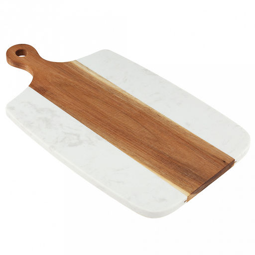 Доска разделочная деревянная "Мрамор" 40х21,8х1,3см, прямоугольная, с ручкой, вставка из белого композитного материала (Китай)