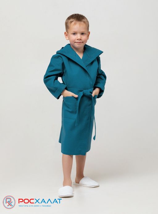 Детский вафельный халат с капюшоном темно-бирюзовый В-07 (23)