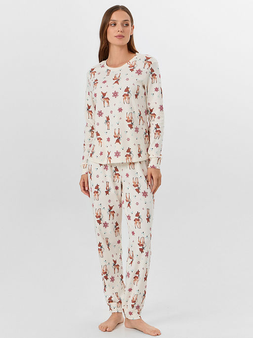 Комплект женский домашний бежевый с принтом оленей