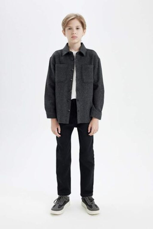 Рубашка оверсайз для мальчика с широким воротником-поло и длинными рукавами антрацитового цвета - Defacto фото 2