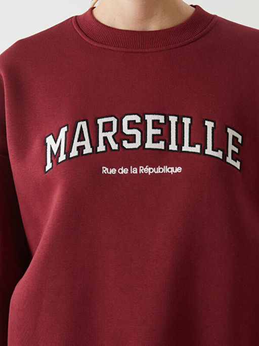 Bisiklet Yaka Nak??l? Oversize Kad?n Kal?n Sweatshirt