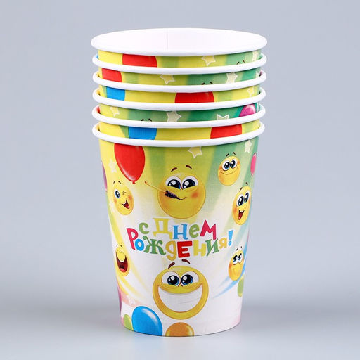 Набор бумажной посуды Смайлы: 6 тарелок, 1 гирлянда, 6 стаканов, 6 колпаков - Страна карнавалия фото 5