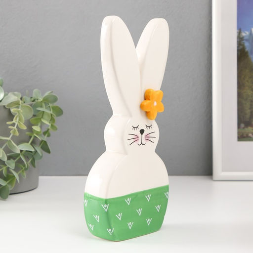 Фигурка керамика Зайка спящий, с ромашкой на ухе, бело-зелёный, 10.4?4.3?23.7 см