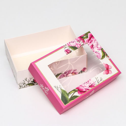 Цена за 5 шт. Коробка складная, с окном «Весенние пионы» 21×15×7 см