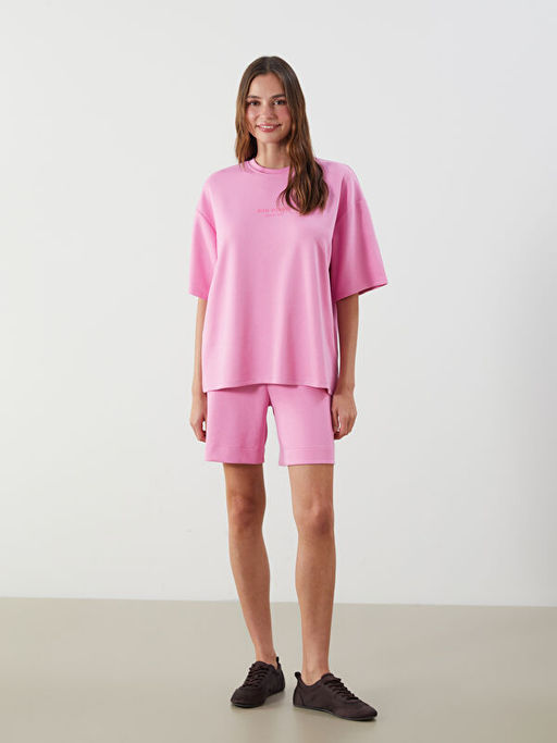 Bisiklet Yaka Bask?l? Oversize Kad?n Ti??rt
