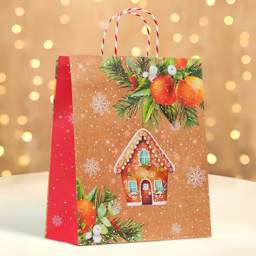 Пакет бумажный подарочный новогодний крафт «Пряничный домик» 18×22.3×10 см