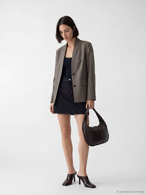 ?al Yaka ?izgili Kad?n Blazer Ceket
