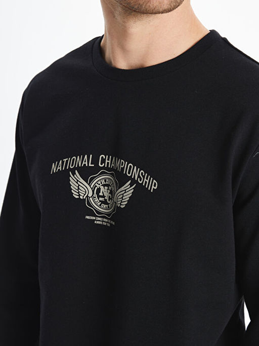 Bisiklet Yaka Bask?l? Erkek Kal?n Sweatshirt