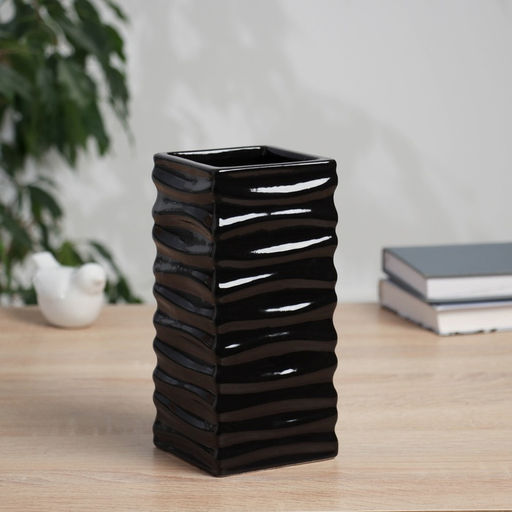 Керамическая ваза для цветов, сухоцветов «Тьяго» полосы, настольная, 19×9 см, чёрный